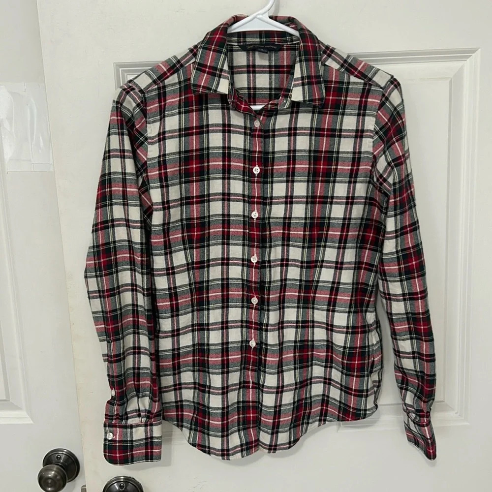 Brooks Brothers 346 women’s plaid flannel shirt size 2 cream button down holiday